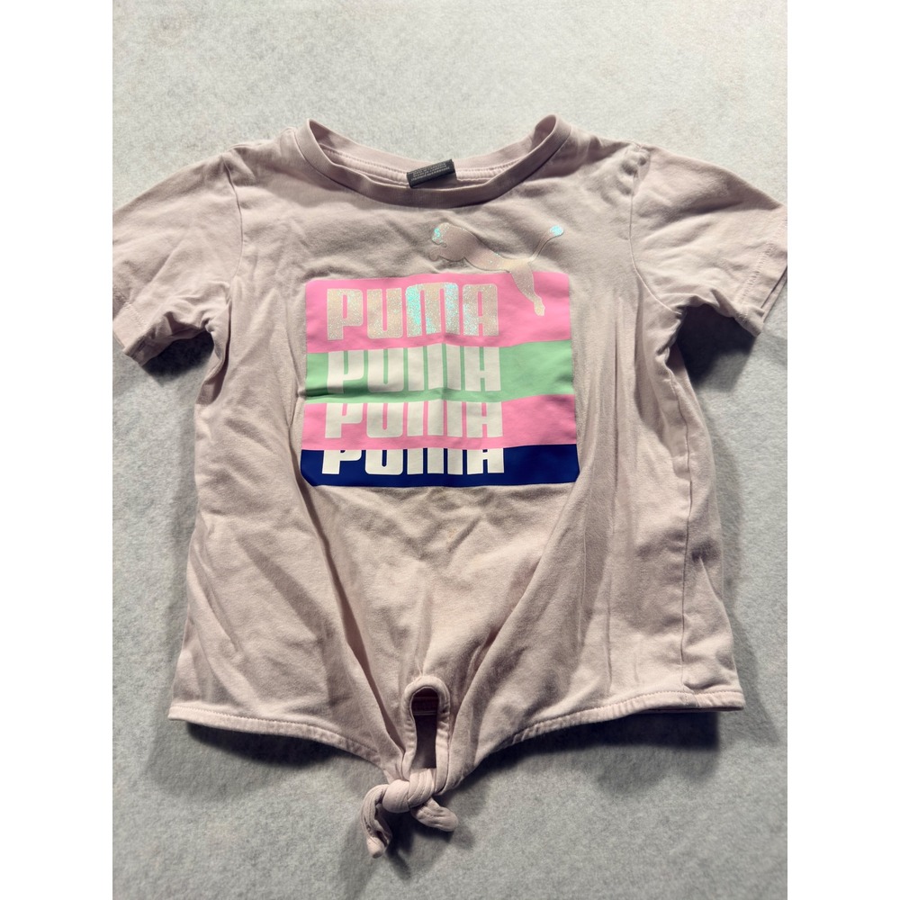 Puma Girls Light Pink Graphic Tie Front T-Shirt Size 4T Short Sleeve Cotton Tee